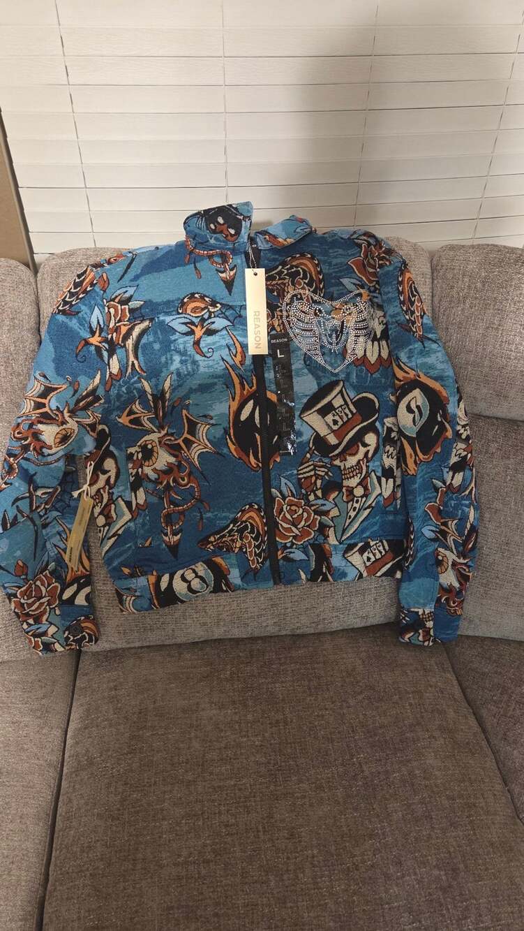 Reason Brand Tattoo Skull and 8-Ball Tapestry Zip Jacket